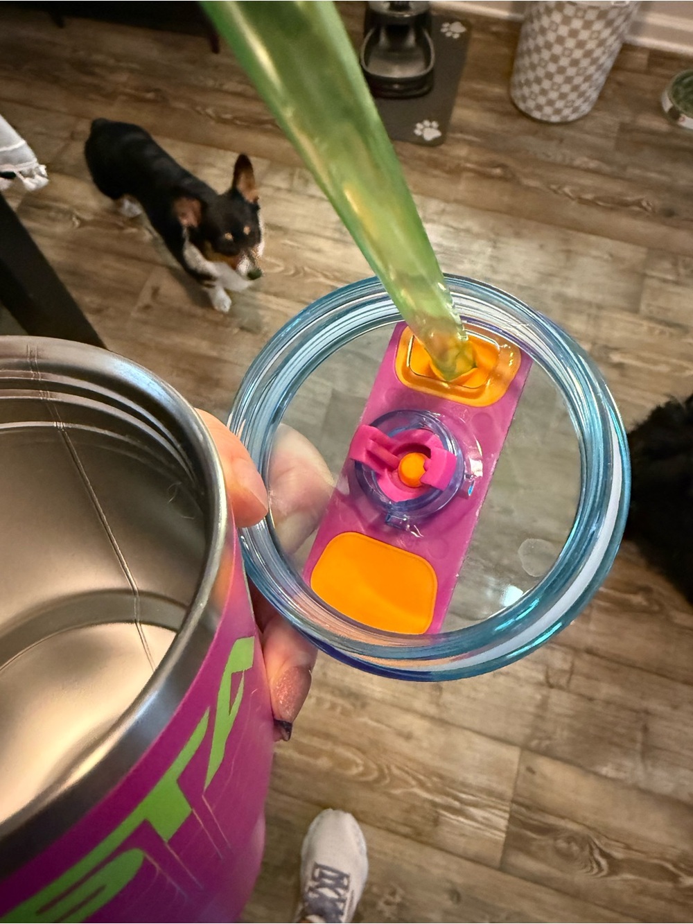 Stanley Hot Pink Tumbler with Neon Yellow Logo and Clear blue lid - Picture 8 of 8